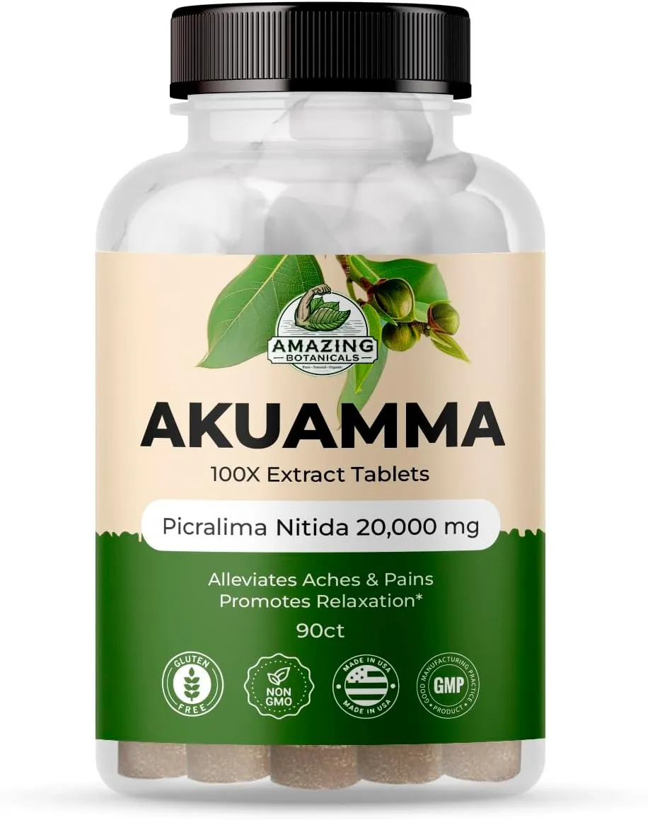 Amazing Botanicals Akuamma 100X Extract Tablets 200 mg per Serving Focus and Clarity Boosts Mood, Relieves Stress, Promotes Calmness (90 Count)