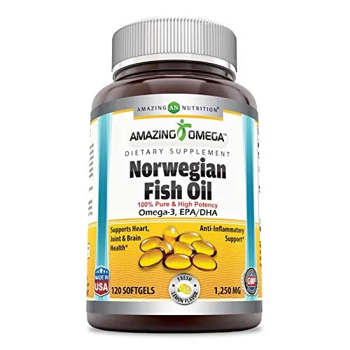 Amazing Omega Norwegian Fish Oil 1250mg 120 Softgels (Non GMO,Gluten Free) -Supports Anti-inflammatory, Heart, Joint & Brain Health(Lemon Flavor)