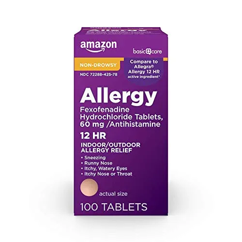 Amazon Basic Care Allergy Fexofenadine Hydrochloride Tablets 60 mg, Allergy Relief, 100 Count