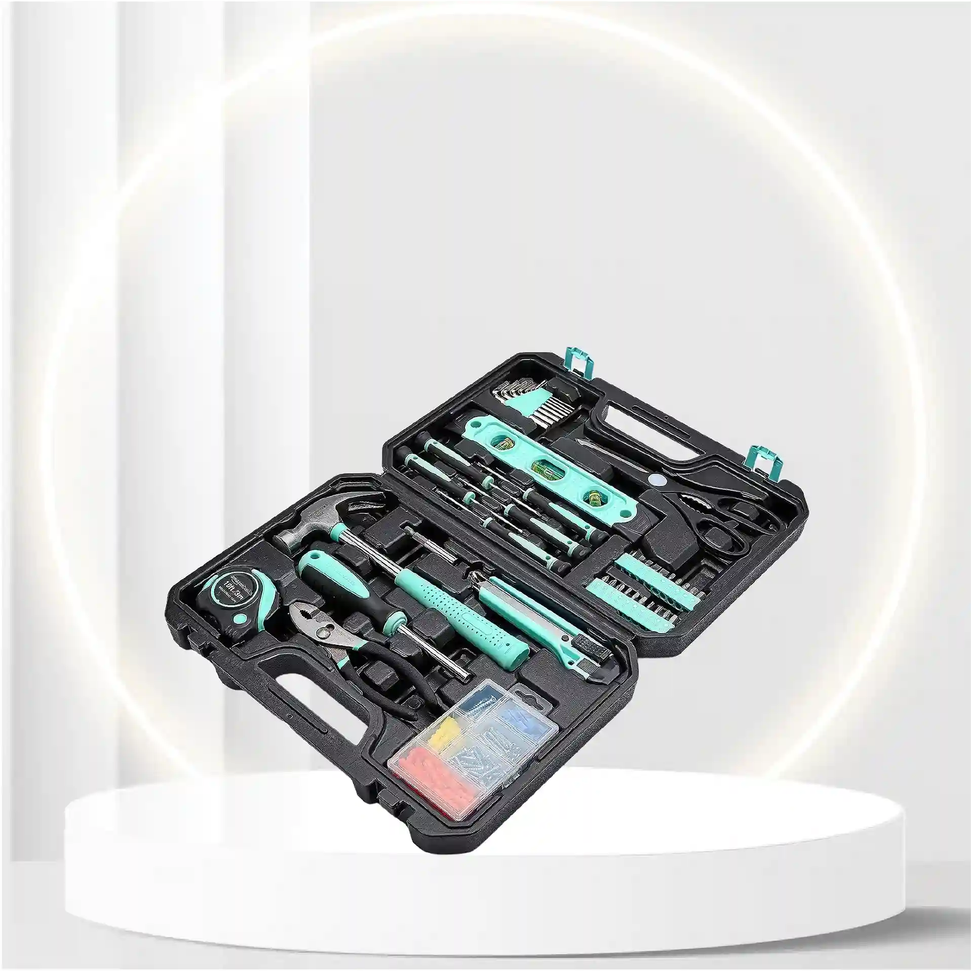 Amazon Basics Household Tool Kit With Storage Case, 142 Piece, Turquoise, 13.39 x 9.25 x 2.95 inch