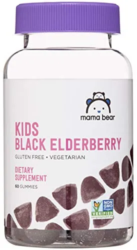 Amazon Brand - Mama Bear, Vegetarian Kids Black Elderberry Gummies 300 mg with Vitamins C, D, E and Zinc - Immune System Support - 60 Gummies (1 to 2 Month Supply), Non-GMO, Gluten Free
