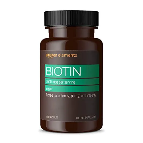 Amazon Elements Vegan Biotin 5000 mcg - Hair, Skin, Nails - 130 Capsules (4 month supply) (Packaging may vary)