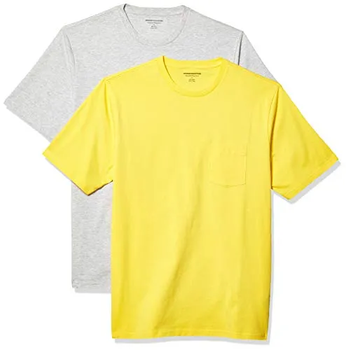 Amazon Essentials Men's 2-Pack Loose-Fit Short-Sleeve Crewneck Pocket T-Shirt, YelloW/ Light Heather Grey, X-Large