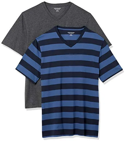 Amazon Essentials Men's 2-Pack Loose-Fit Short-Sleeve V-Neck T-Shirt, Blue and Navy Rugby Stripe/Charcoal Heather, Large