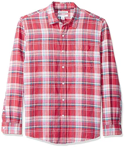Amazon Essentials Men's Regular-Fit Long-Sleeve Plaid Linen Shirt, Red, Large