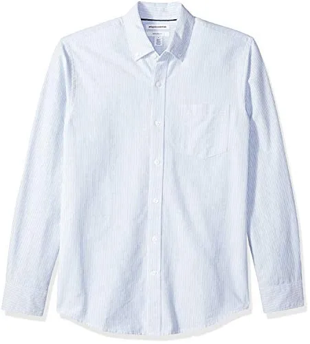 Amazon Essentials Men's Slim-Fit Long-Sleeve Stripe Pocket Oxford Shirt, Blue, Large