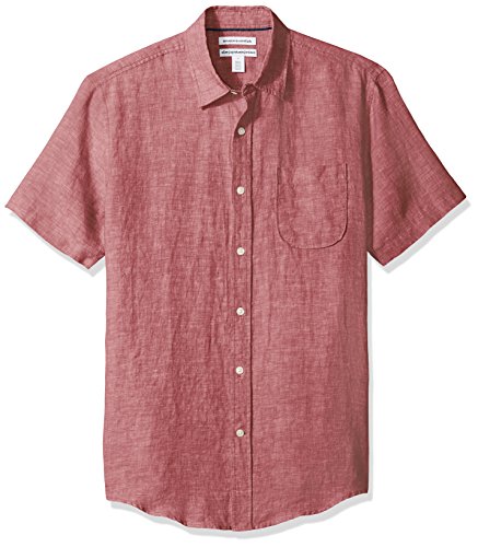 Amazon Essentials Men's Slim-Fit Short-Sleeve Linen Shirt, Red, X-Large