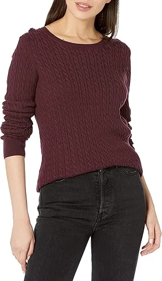 Amazon Essentials Women's Lightweight Long-Sleeve Cable Crewneck Sweater, Burgundy, XX-Large