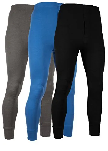AMERICAN ACTIVE Men's Long Johns Thermal Base Layer Pants 100% Cotton Fleece Lined Underwear -Pack of 3 (3 Pack - Denim/Charcoal/Black, Small)