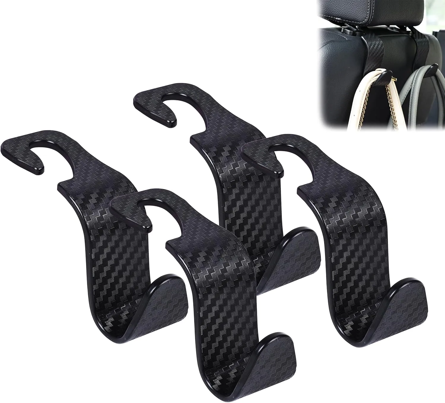 Amooca Car Seat Headrest Hook 4 Pack Hanger Universal Vehicle Car Storage Organizer for Handbag Purse Coat S Type Checkered Black