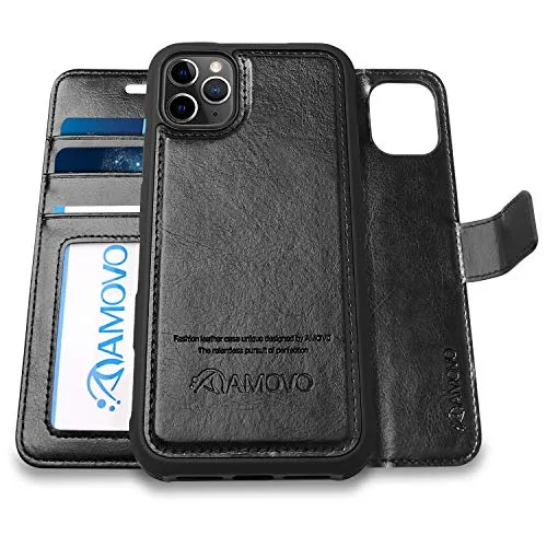 AMOVO Wallet Case for iPhone 11 Pro Max [2 in 1 Detachable] Vegan Leather Case for iPhone 11 Pro Max (6.5) [Wristlet] [Kickstand] iPhone 11 Pro Max Folio with Box Package (11ProMax (6.5) Black)