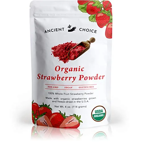 Ancient Choice - Strawberry Powder (4 ounces) | USDA Organic | MADE IN USA | Freeze Dried | Non-GMO | Red Natural Food Coloring | Vegan Superfood | Vegetarian | Smoothie | Baking | Fiber | Prebiotic
