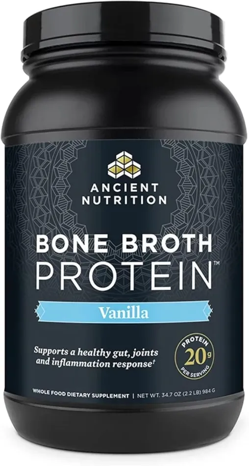 Ancient Nutrition Grass Fed & Cage Free Bone Broth Protein Powder, 20g Protein Per Serving, Hydrolyzed Collagen Peptides, Glucosamine, Chondroitin, Supports Joint & Gut Health, Vanilla, 40 Servings