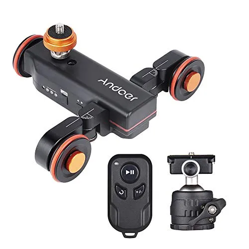 Andoer 3-Wheels Wireless Remote Control Motorized Camera Video Auto Dolly 3 Speed Adjustable with Mini Flexible Ballhead Mount Adapter Compatible with Canon Nikon Sony DSLR Camera Smartphone