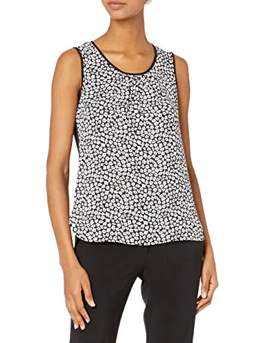 Anne Klein Women's Printed Mixed Media Shell, Black/Optic White, 4