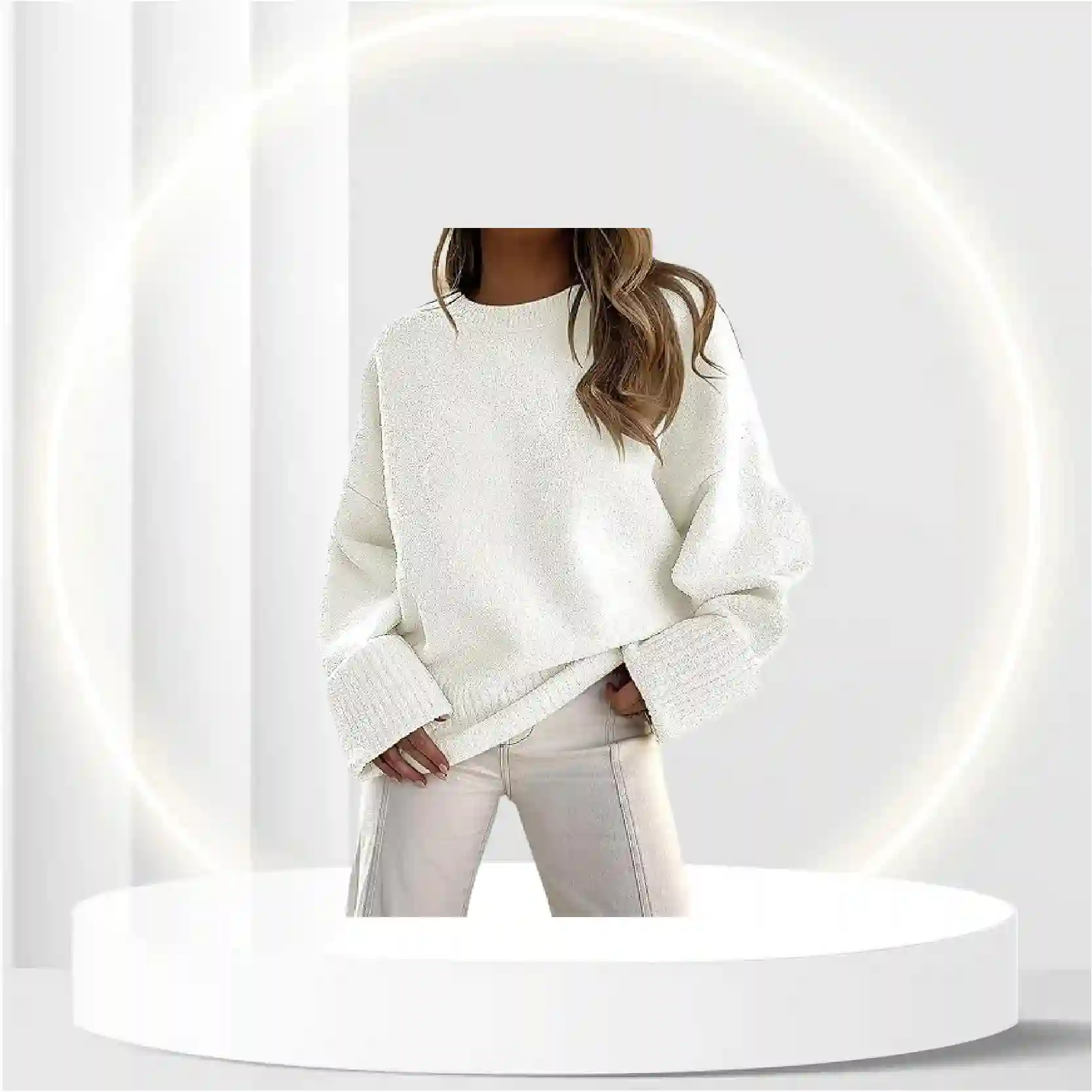 ANRABESS Women's Crewneck Long Sleeve Oversized Fuzzy Knit Chunky Warm Pullover Sweater Top 626mibai-S White