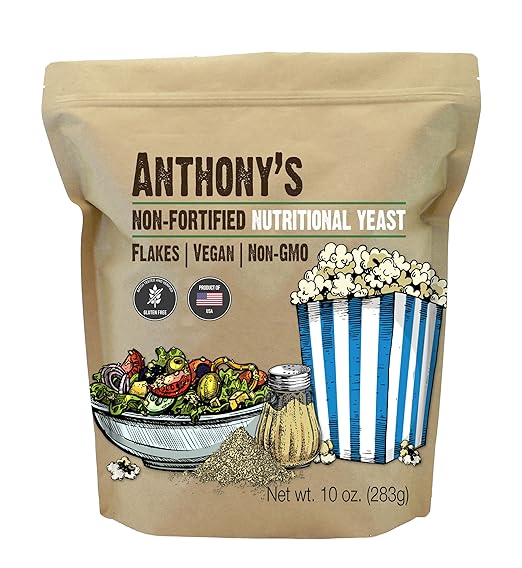 Anthony's Premium Nutritional Yeast Flakes, 10 oz, Non Fortified, Batch Tested Gluten Free, Non GMO