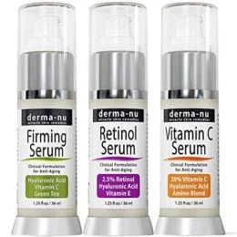 Anti-Aging Treatment Serum Trio - Hyaluronic Acid - Retinol Serum and Vitamin C - 3 Pack - Derma nu - 1.25 fl oz