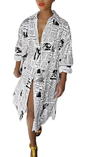 Antique Style Women's Summer Autumn Casual Oversized Deep V-Neck Long Sleeve Newspaper Printed Loose Button Down Basic Polo Shirts Irregular Party Club Dress White XL