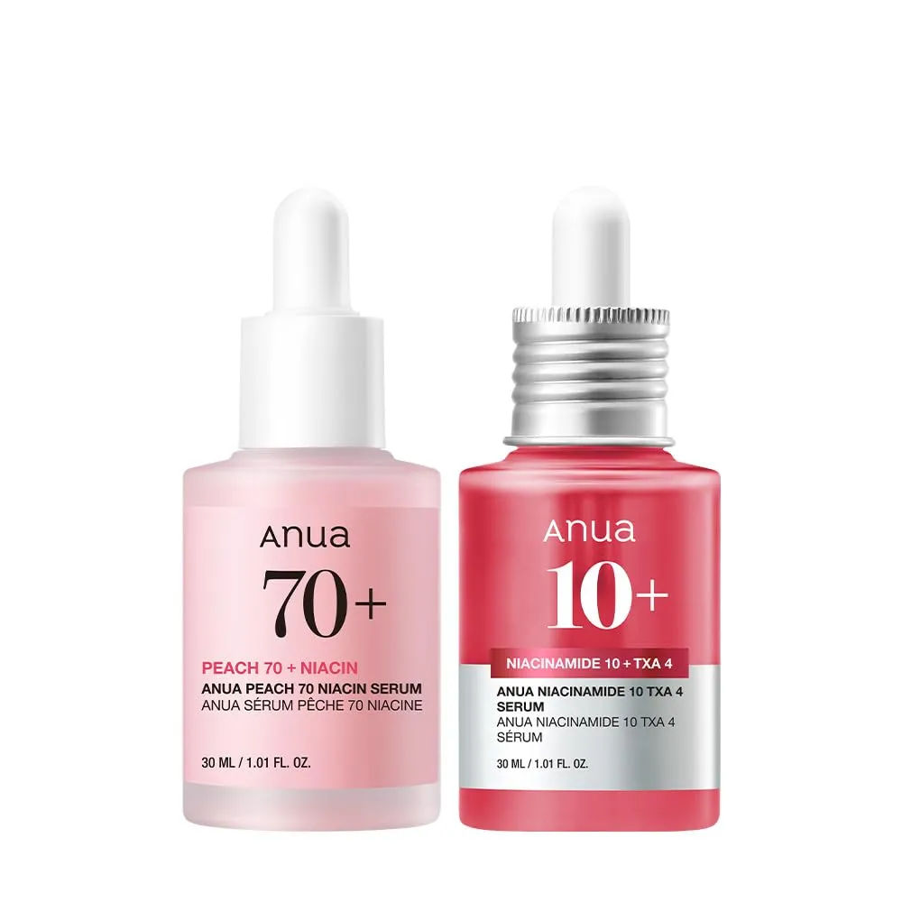 Anua Pink Serum Duo for Korean Glass Skin:10% Niacinamide + 4% Tranexamic Acid Serum & Peach 70 Niacinamide Serum for Dull Skin, Skin Barrier, Fragrance-Free, Korean Skincare