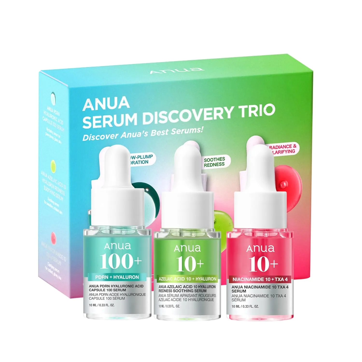 Anua Serum Discovery Trio, Mini Face Serum Travel Size Kit with Hyaluronic Acid, Niacinamide & Azelaic Acid, Hydrating Soothing Gift Set for Women, Korean Skincare Set -10ml/0.33fl.oz Ã 3EA