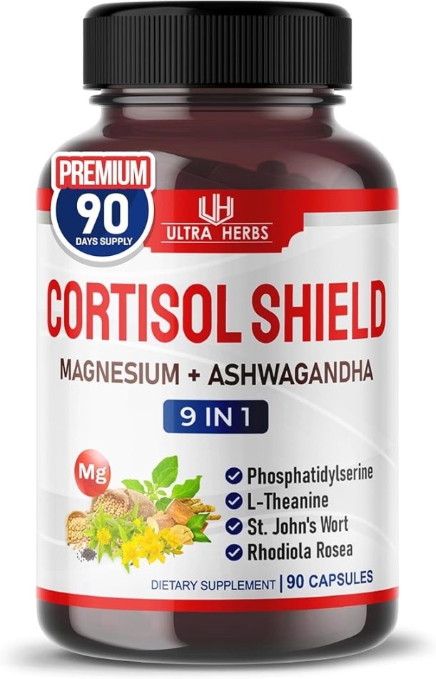 CORTISOL Shield 9 in 1-Magnesium + Ashwagandha with Phosphatidylserine, L-Theanine, St. John's Wort, Rhodiola Rosea - Relaxation Support, Hormone Balance