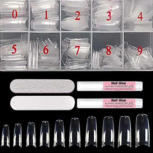 AORAEM Glue on Nails French Tip 500Pcs Clear Lady Press on Acrylic Nails 2Pcs Nail Glues and 2Pcs Nail File with Box(C-FS)
