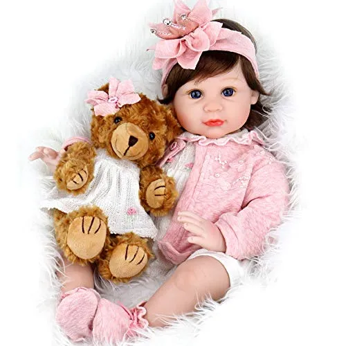 Aori Reborn Baby Dolls 22 Inch Lifelike Realistic Girl Baby Doll with Teddy Bear Set for Girls Children