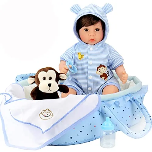 Aori Reborn Baby Dolls Boy 18 inch Lifelike Weighted Reborn Baby with Monkey Gift Sets 8 Piece with Baby Carrier Bed Blue Bassinet