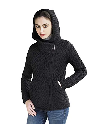 Aran Crafts Women's Cable Knit Comfortable Side Zip Hoodie (HD4916-XXL-BLAC) Black