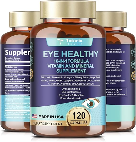 AREDS 2 Eye Vitamins and Mineral Bilberry Extract Omega-3, Eye Vitamins for Seniors Macular Health and Dry Eye, Eye Vitamins Lutein and Zeaxanthin Support Eye Strain & Hydration (120 Capsules)