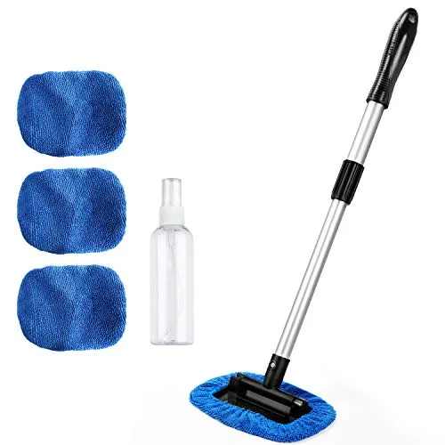 AstroAI Windshield Cleaner, 4 Reusable and Washable Microfiber Pads, Car Window Cleaning Tool Wand with Telescopic and Extendable Handle Auto Inside Glass Wiper Kit, Blue