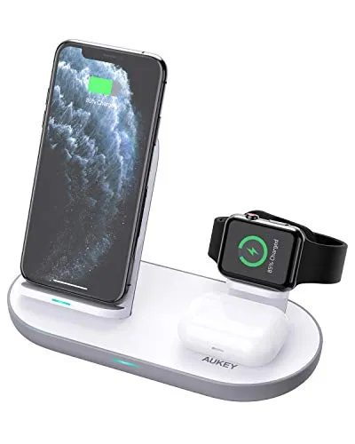 AUKEY 3 in 1 Wireless Charging Station with Wireless Charging Stand, Wireless Charging Pad,Dock for Apple Watch, Wireless Charger for iPhone,Samsung,Android,AirPods,Apple Watch(Adapter Not Included)