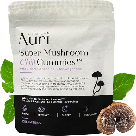 Auri Super Mushroom Chill Gummies - Natural Calming Aid & Stress Reduction Supplement for Adults w/Reishi Mushroom, Ashwagandha, L-Theanine - Unwind Mind & Harmonize Your Day - 60 Calm Gummies