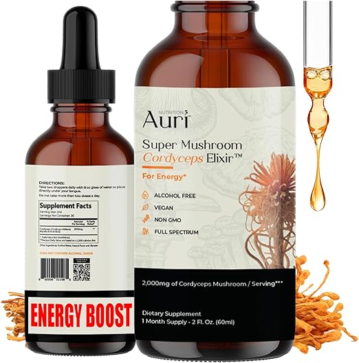 Auri Super Mushroom Cordyceps Elixir for Stamina, Natural Energy, Youthfulness and Longevity with Full Spectrum Support - Cordyceps Tincture 60 ml
