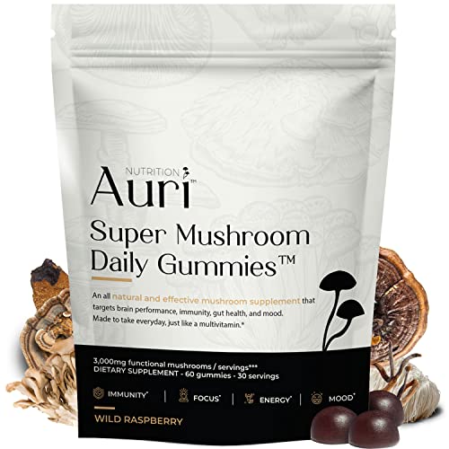 Auri Super Mushroom Daily Gummies - World's First Daily Mushroom Supplement Gummy - 12 Mushroom Blend with Chaga, Lions Mane, Reishi, Cordyceps - Boost Your Immunity, Focus, Energy, Mood - 60 Gummies