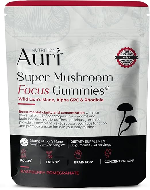 Auri Super Mushroom Focus Gummies - w/Lion's Mane, Alpha GPC & Rhodiola - Mushrooom Supplement to Support Cognitive Function, Mental Clarity, Focus & Energy | 60 Gummies, Vegan Friendly, Non GMOs