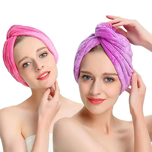 AuroTrends Magic Dry Hair Towel Turban Large Hair Wrap Hair Cap 2 Pack- Ultra Absorbent Drastically Reduce Hair Drying Time(2 Pack Peachblow & Purple)