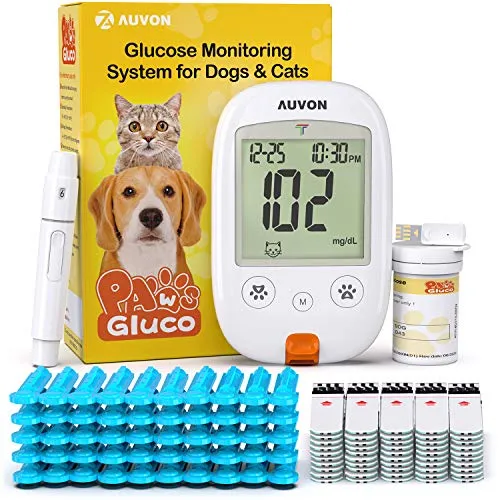 AUVON Blood Glucose Monitor Specifically Calibrated for Dog and Cats, High-Tech Veterinary Animal-Specific Blood Sugar Test Kit with 50 Test Strips, 50 30G Lancets, Lancing Device and Carrying Bag