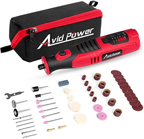 Avid Power Cordless Rotary Tool 8V Li-ion with 2.0 Ah Battery, 5-Speed, 4 Front LED Lights and 60pcs Accessories Kit for Carving, Engraving, Sanding, Polishing and Cutting