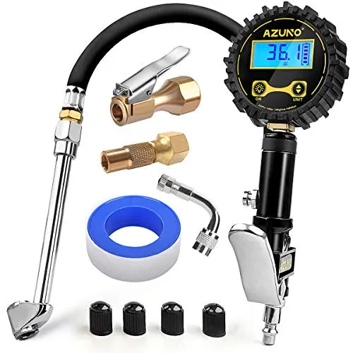AZUNO Digital Tire Inflator with Pressure Gauge, 200 PSI (0.1 Res) w/LED Flashlight, Heavy Duty Air Compressor Accessories 7pcs Set, w/Lock on Air Chuck, Dual Head Chuck and 90 Tire Valve Extension