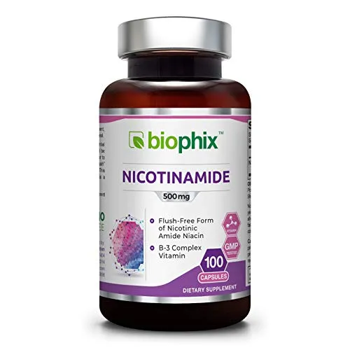 B3 Nicotinamide 500 mg 100 Capsules - Natural Flush-Free Vitamin Formula | Gluten-Free Nicotinic Amide Niacin | Skin Health and Healthy Cell Repair Support