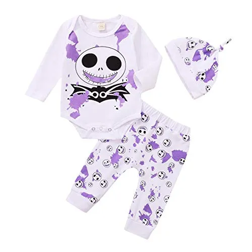 Baby Boy Girl Halloween Outfit Skull Print Long Sleeve Clothes Shirt Romper Bodysuit Top Pants Hat 3Pcs Set (White, 18-24Months)
