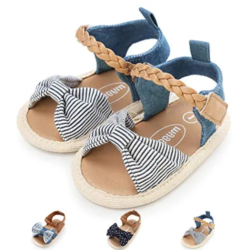 Baby Girl Sandals Anti-Slip Sole Summer First Walkers Newborn Shoes Infant Sandals Girls(12-18 Months M US Toddler,A-Stripe White)