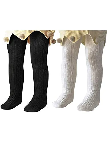 Baby Girls Tights Toddler Cable Knit Leggings Infant Soft Seamless Tights Newborn Pants Stockings with Lovely Bowknot 2 Packs Knit White & Black 1-2T