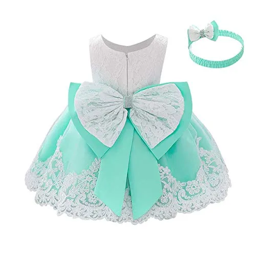 Baby Little Girls Formal Dress Lace Bowknot Baptism Embroidery Tulle Christmas Princess Pageant Party Baptism Birthday Party Wedding Flower Girl Tutu Gown with Headwear Apple Green 6-9 Months