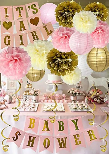 Baby Shower Decorations for Girl Pink Gold Princess It's A Girl Banner Pom Rustic Floral Nice With Rose Gold Elephant Unicorn Backdrop Mom To Be Sash