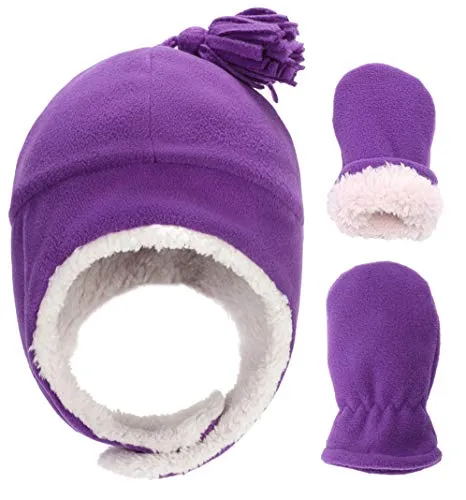 Baby & Toddler Sherpa Lined Fleece Winter Hat & Mitten Set - Warm Snow Trapper Pom Hat & Gloves for Infant Kids, Boys & Girls