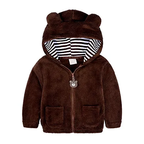 Baby Warm Coat Infant Girls Boys Autumn Winter Cartoon Ears Hooded Fleece Jacket Zip Up Outwear Brown