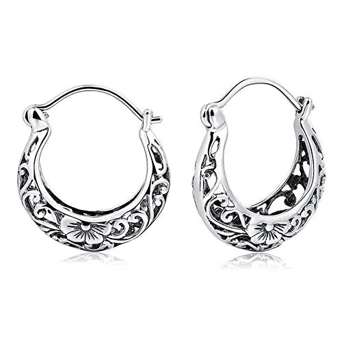 BALMORA 925 Sterling Silver Hoop Earrings for Women Girls Filigree Floral Clip-on Small Huggie Hoop Earrings Vintage Party Jewelry Christmas Gifts for Mom Friends